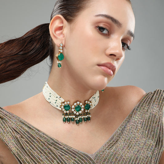 Yura Pearl Choker Finely Studded With Kundan Stones
