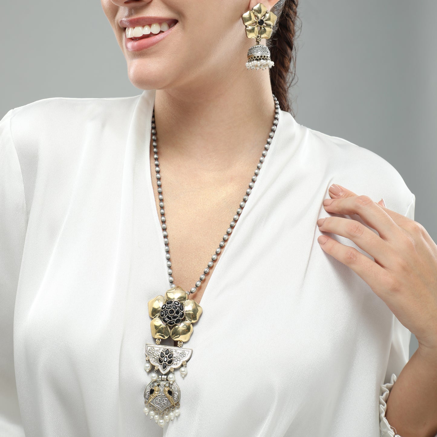 Flora Gold Plated Oxidized Long Necklace Set