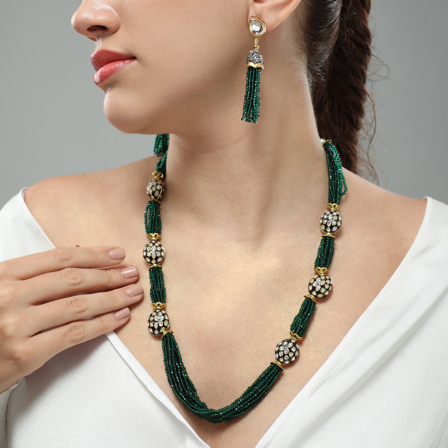 Nyah Green Beaded Long Necklace Set
