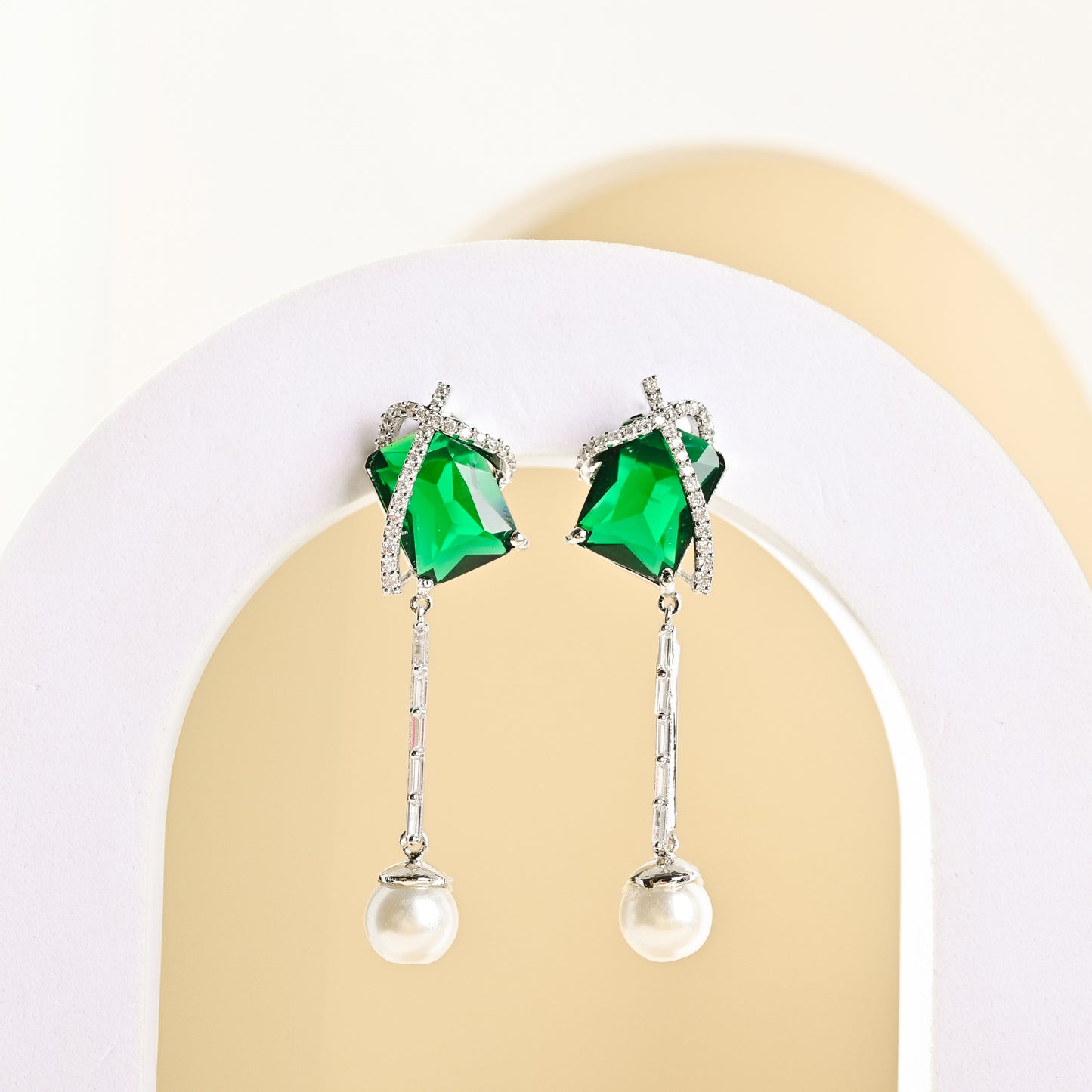 Galaxy Emerald Pearl Drop Diamond Earrings