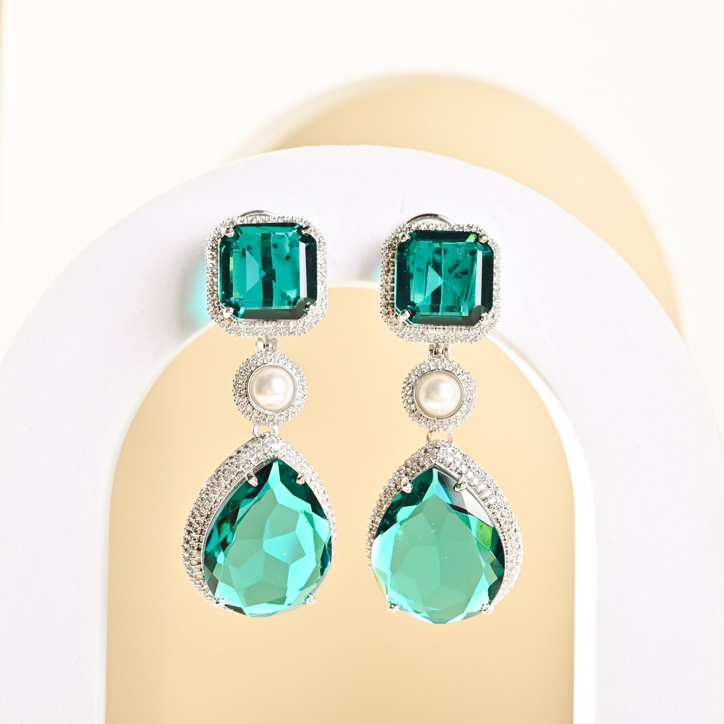 Bold Teal Diamond Studded Pearl Earrings