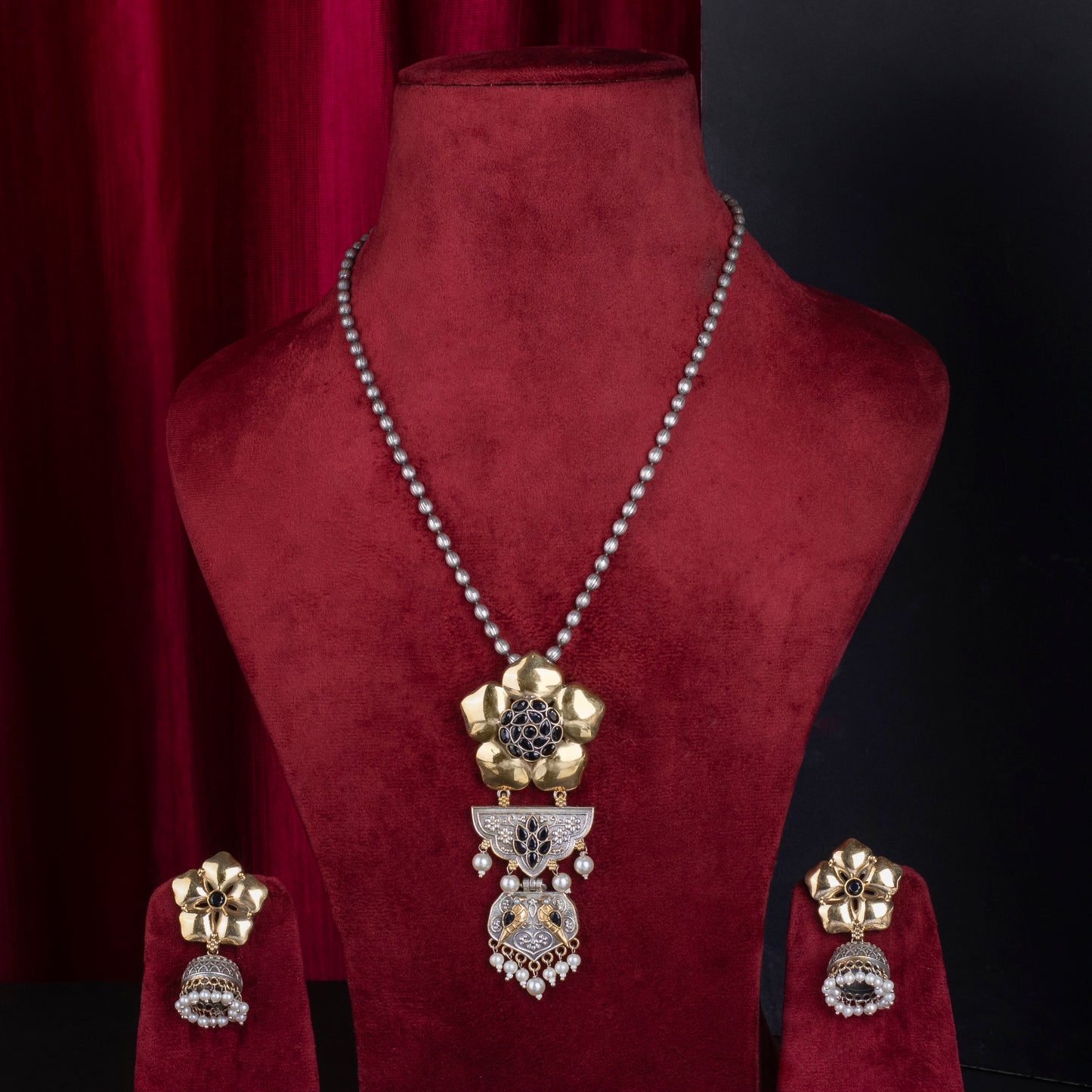 Flora Gold Plated Oxidized Long Necklace Set