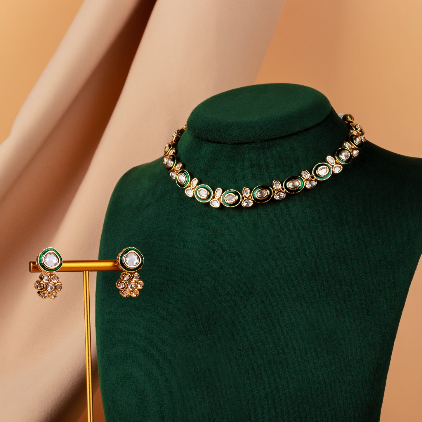 Orya Emerald Green Polki Embellished Necklace Set
