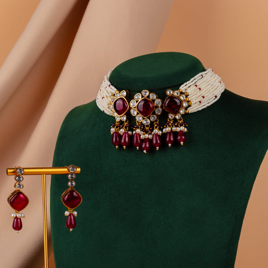 Rusha Ruby Pearl Choker Embellished With Kundan Stones