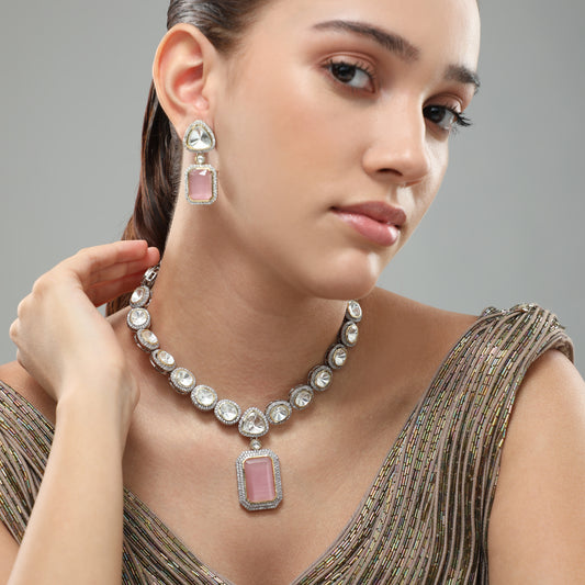 Vyara White Rose Pink Polki Necklae Set