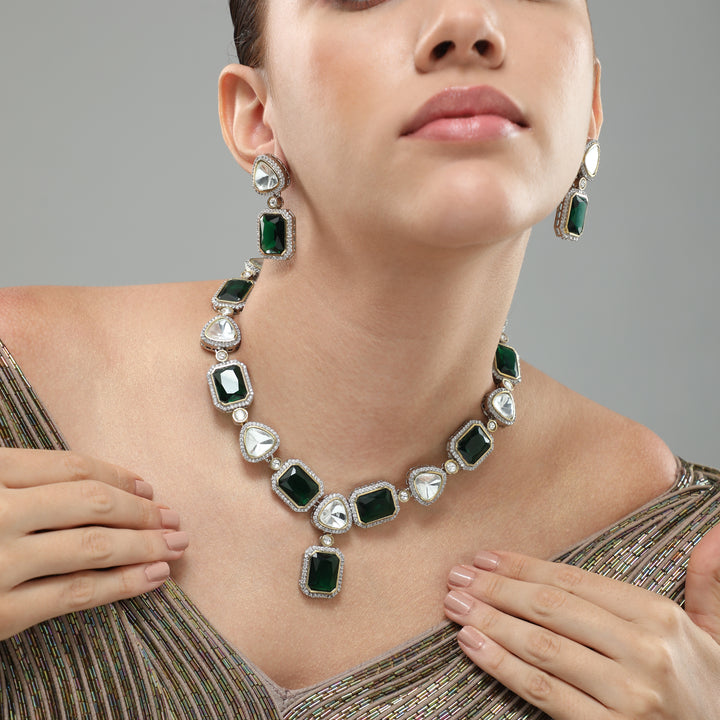 Arohi Emerald Green White Polki Necklace Set