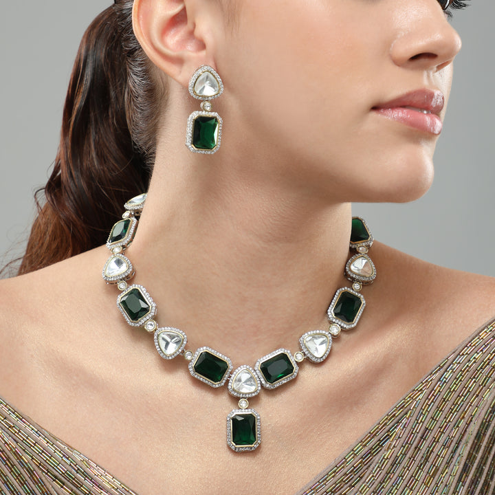 Arohi Emerald Green White Polki Necklace Set