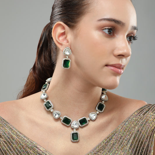 Arohi Emerald Green White Polki Necklace Set