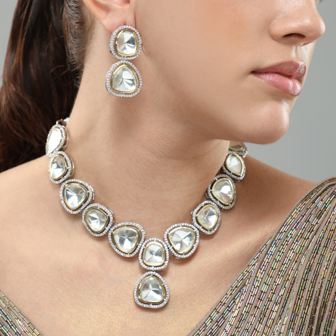 Aesthetic Silver White Polki Necklace Set