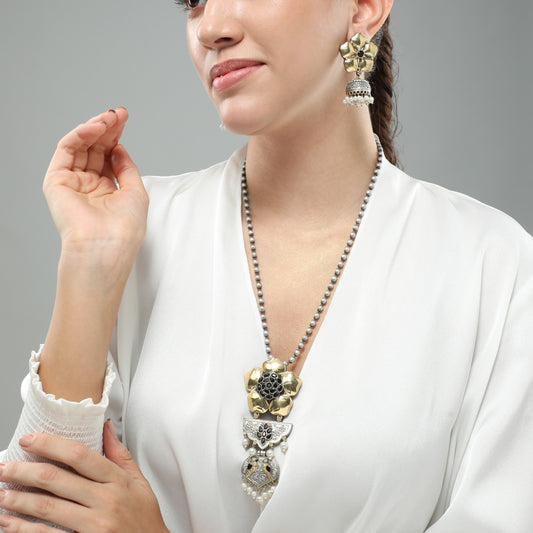 Flora Gold Plated Oxidized Long Necklace Set