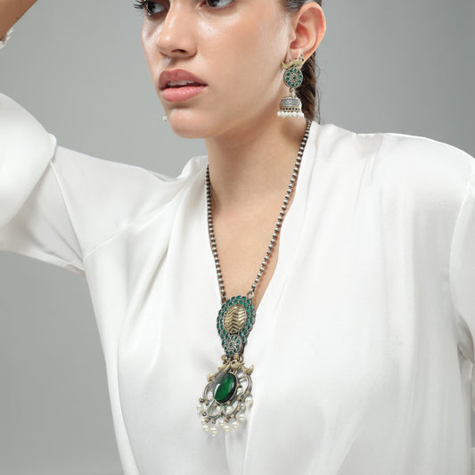 Chic Charms Emerald Oxidized Long Necklace Set