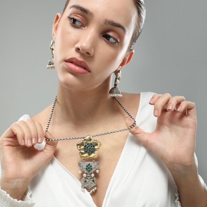 Mignon Gold Plated Oxidized Long Necklace Set