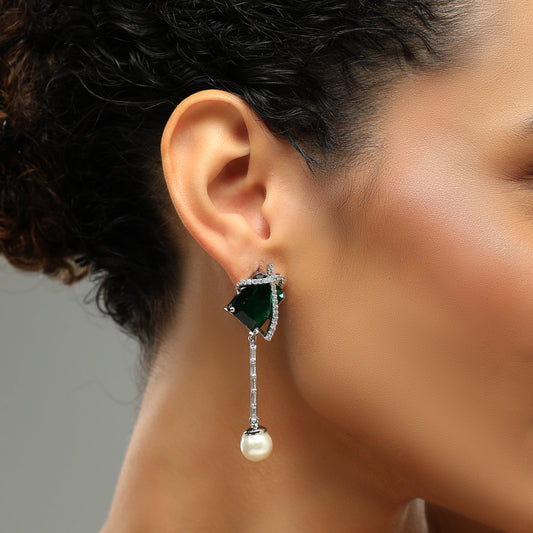 Galaxy Emerald Pearl Drop Diamond Earrings