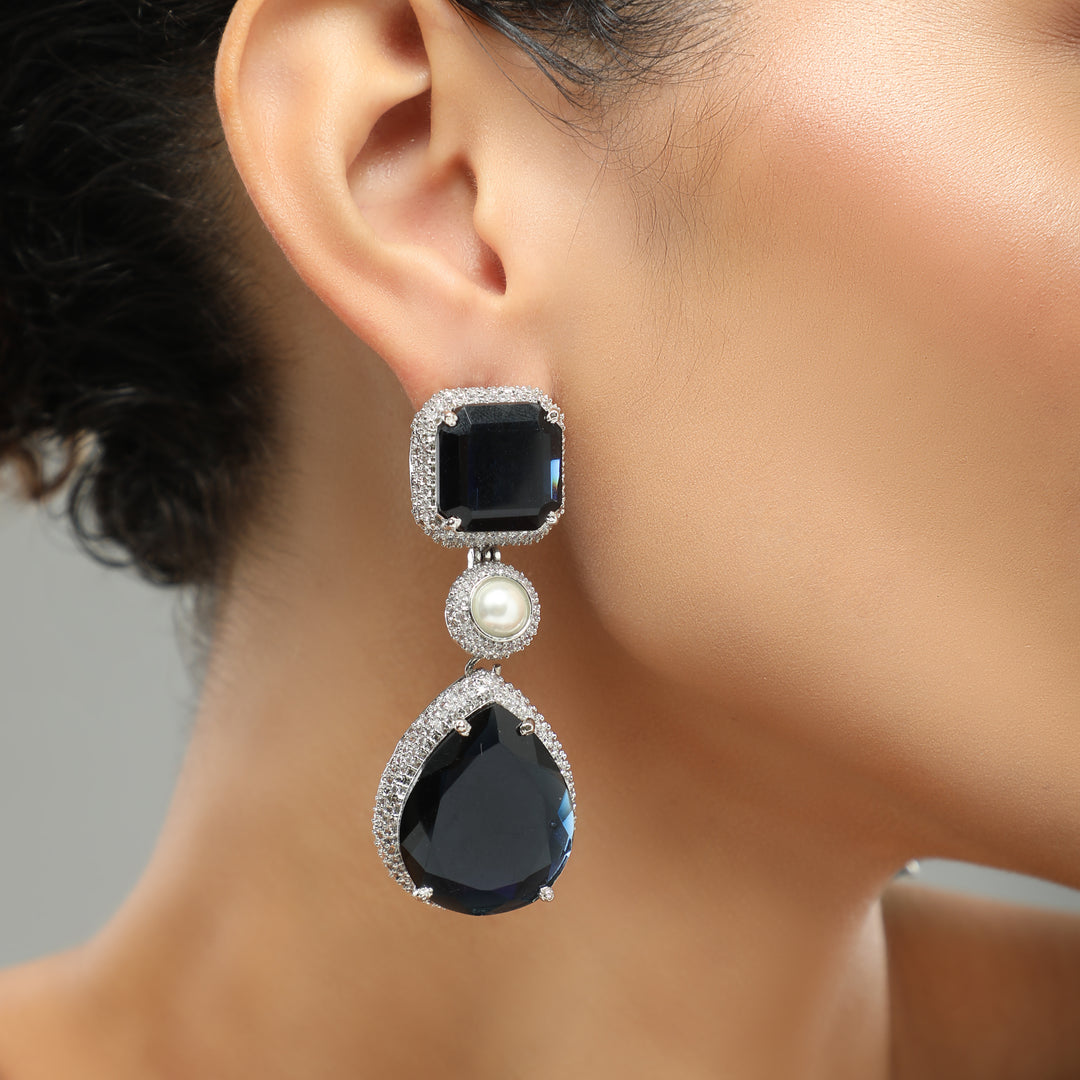 Neora Navy Diamond  Pearl Earrings