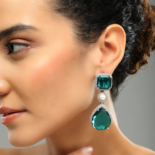 Bold Teal Diamond Studded Pearl Earrings