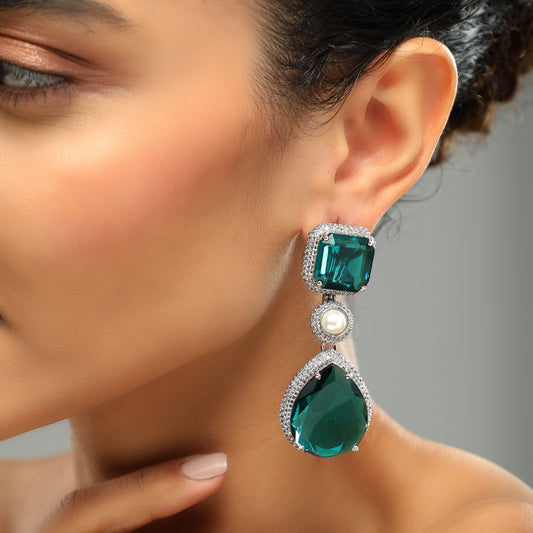 Bold Teal Diamond Studded Pearl Earrings