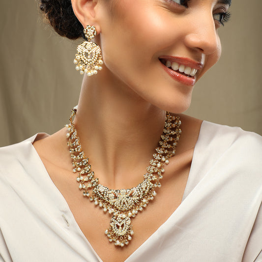 Ghazal White Beaded Gold Plated Jadau Set