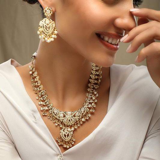 Ghazal White Beaded Gold Plated Jadau Set