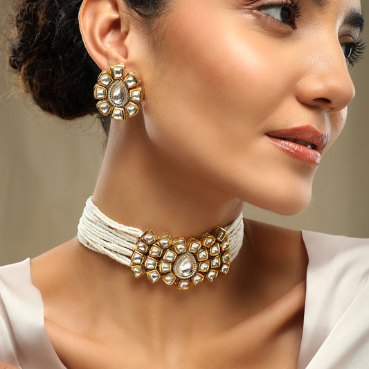 Ramya Kundan Set With Elegant White Beads