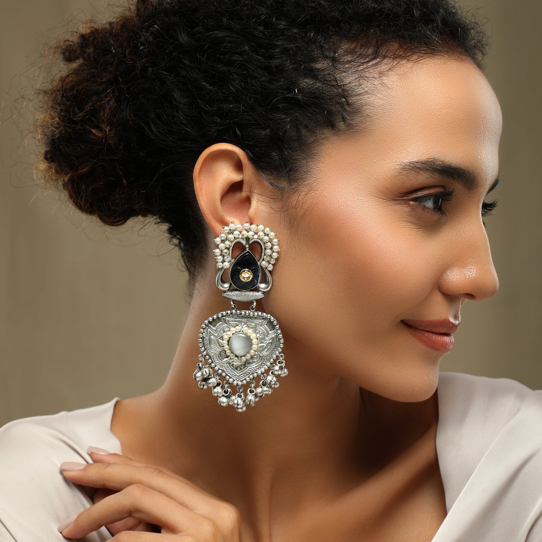 Saadat Pearl Big Sized Oxidized Earrings