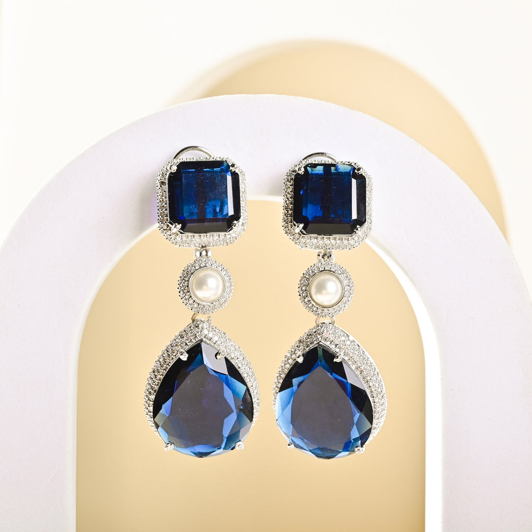 Neora Navy Diamond  Pearl Earrings