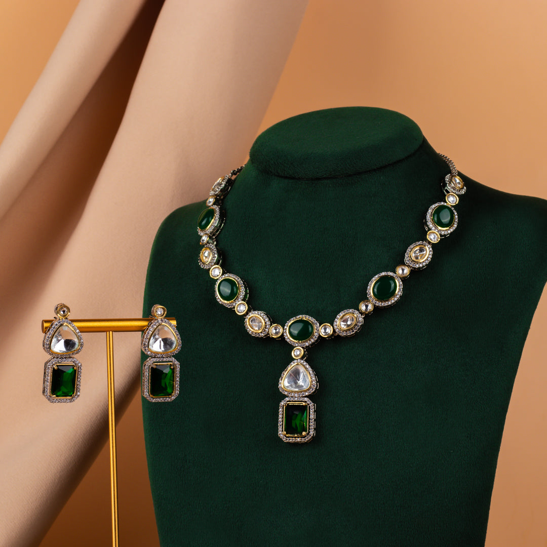 Arohi Emerald Green White Polki Necklace Set