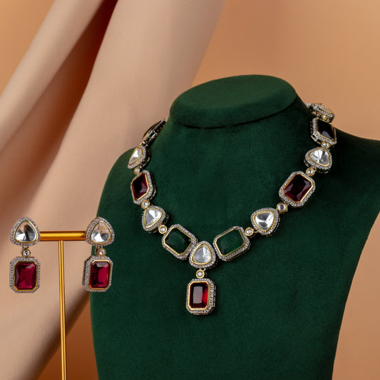 Riona Green Red Polki Necklace Set