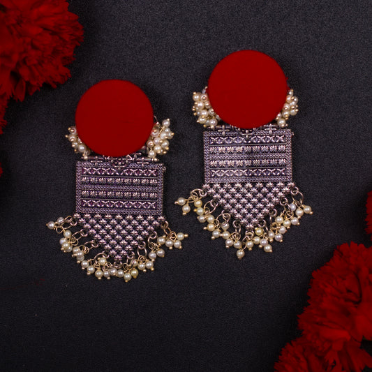 Nesrine Red Handloom Fabric Oxidized Earrings